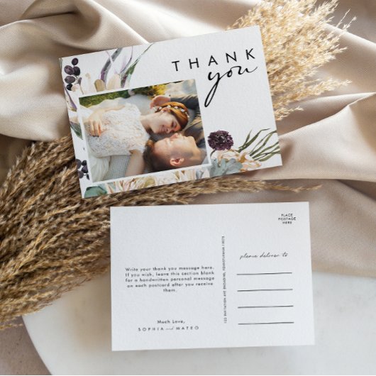 Carte Postale Mariage photo de Merci de script Floral blanc