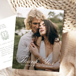 Carte Postale Mariage photo de monogramme à la crête florale ver