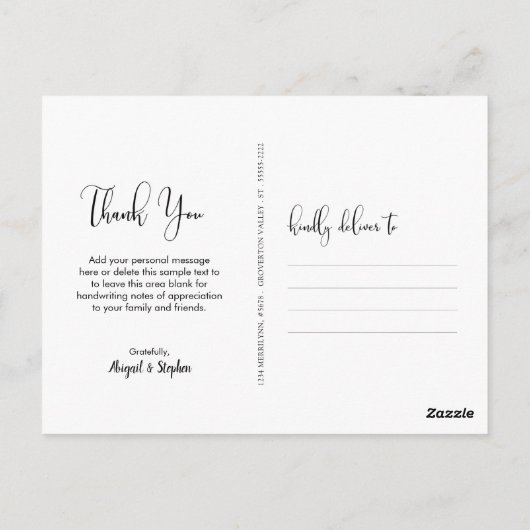 Carte Postale Mariage photo de script main Merci (Dos)