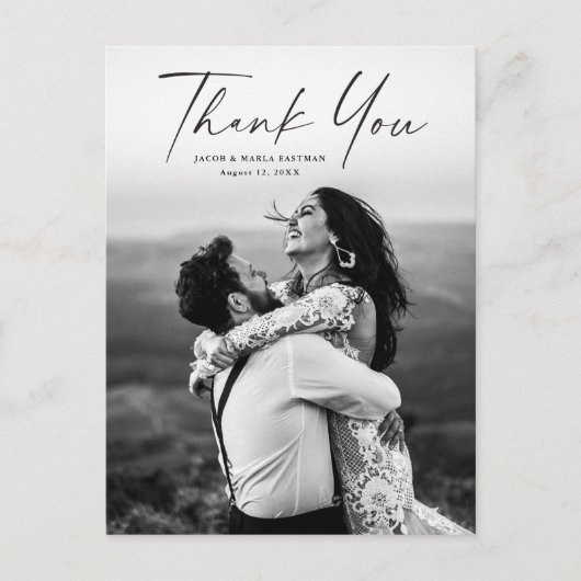 Carte Postale Mariage photo de script moderne Merci (Devant)