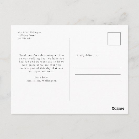 Carte Postale Mariage photo de script moderne Merci (Dos)