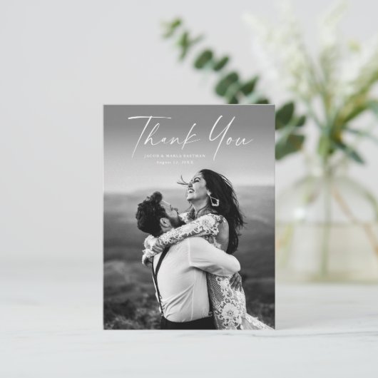 Carte Postale Mariage photo de script moderne Merci (Debout devant)