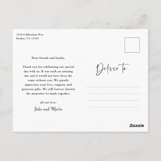 Carte Postale Mariage photo de script moderne Merci (Dos)