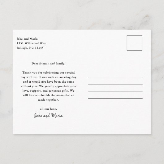 Carte Postale Mariage photo de script moderne Merci (Dos)