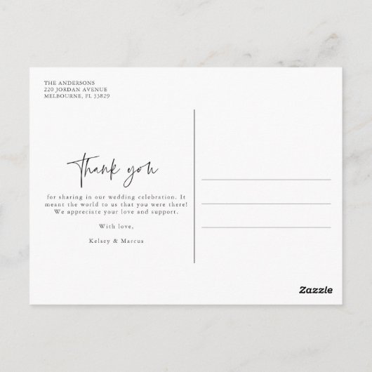 Carte Postale Mariage photo de script moderne Merci (Dos)