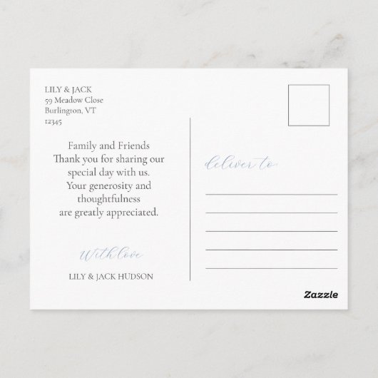 Carte Postale Mariage photo Dusty Blue Script tendance Merci (Dos)