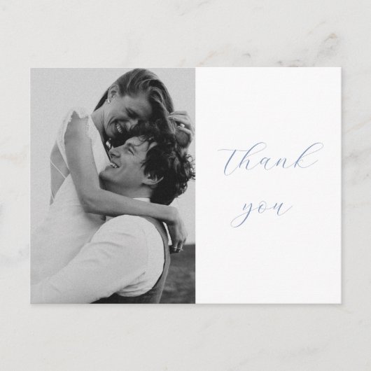 Carte Postale Mariage photo Dusty Blue Script tendance Merci (Devant)