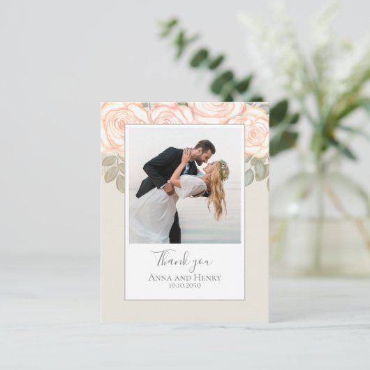 Carte Postale Mariage Photo Elegant Blush Sage Merci (Debout devant)