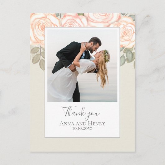 Carte Postale Mariage Photo Elegant Blush Sage Merci (Devant)