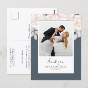 Carte Postale Mariage Photo Elégant Merci Floral Grey