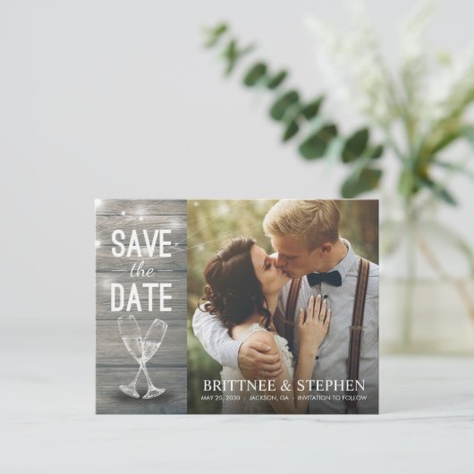 Carte Postale Mariage Photo Enregistrer La Date Champagne Lunett (Debout devant)