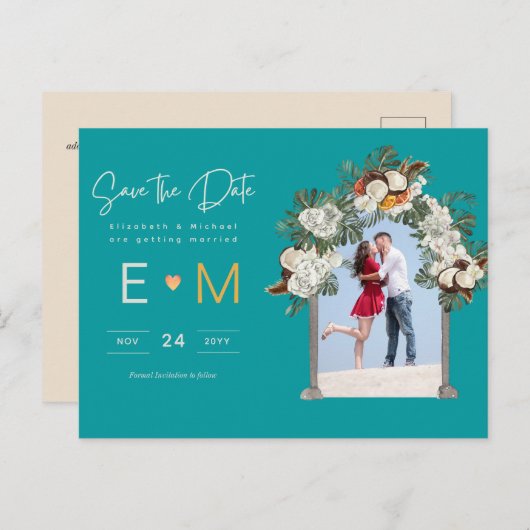 Carte Postale Mariage photo Enregistrer la date Turquoise Turquo (Devant / Derrière)