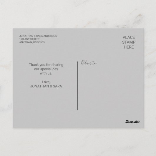 Carte Postale Mariage photo et calligraphie verticale Merci (Dos)