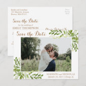 Carte Postale Mariage photo Feuille verte Enregistrer la date Ca (Devant / Derrière)