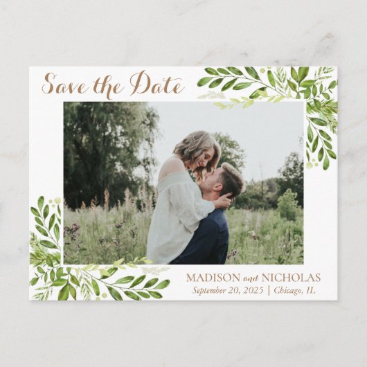 Carte Postale Mariage photo Feuille verte Enregistrer la date Ca (Devant)