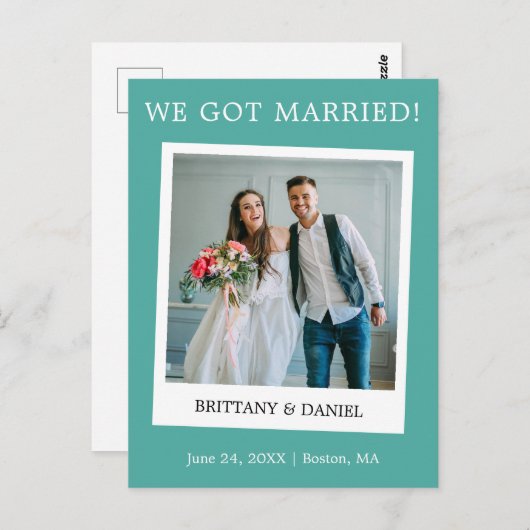 Carte Postale Mariage photo instantanée Faire-part Turquoise (Devant / Derrière)