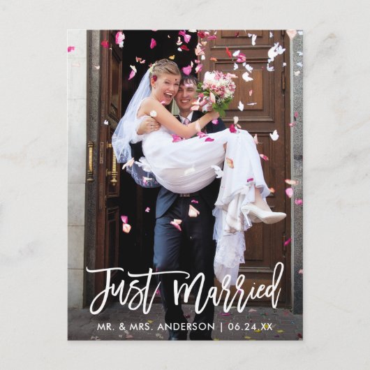 Carte Postale Mariage Photo Juste Marié Moderne Brush Script (Devant)