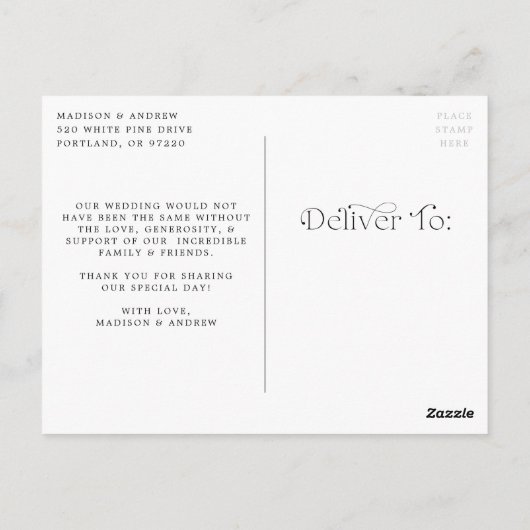 Carte Postale Mariage photo noir simple et élégant Merci (Dos)