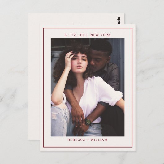 Carte Postale Mariage photo simple Bourgogne enregistrer la date (Devant / Derrière)