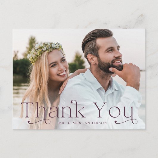 Carte Postale Mariage photo simple élégant violet Merci photo (Devant)