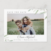 Carte Postale Mariage photo vert minimal enregistrer la date (Devant)