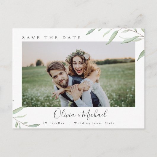 Carte Postale Mariage photo vert minimal enregistrer la date (Devant)