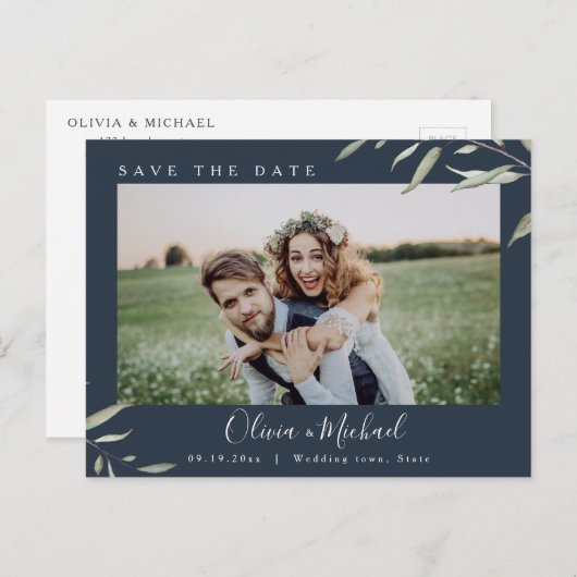 Carte Postale Mariage photo vert minimal enregistrer la date (Devant / Derrière)