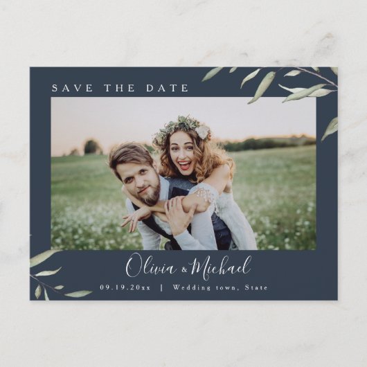 Carte Postale Mariage photo vert minimal enregistrer la date (Devant)