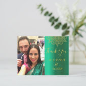 Carte Postale Mariage Photo Vert or Indien style Merci (Debout devant)