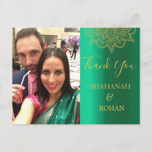 Carte Postale Mariage Photo Vert or Indien style Merci