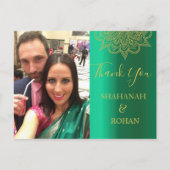 Carte Postale Mariage Photo Vert or Indien style Merci (Devant)