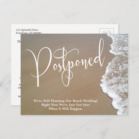 Carte Postale Mariage plage avec sable et mousse postponed (Devant / Derrière)