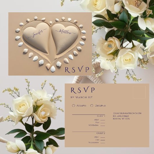 Carte Postale Mariage plage RSVP- Coeurs de sable