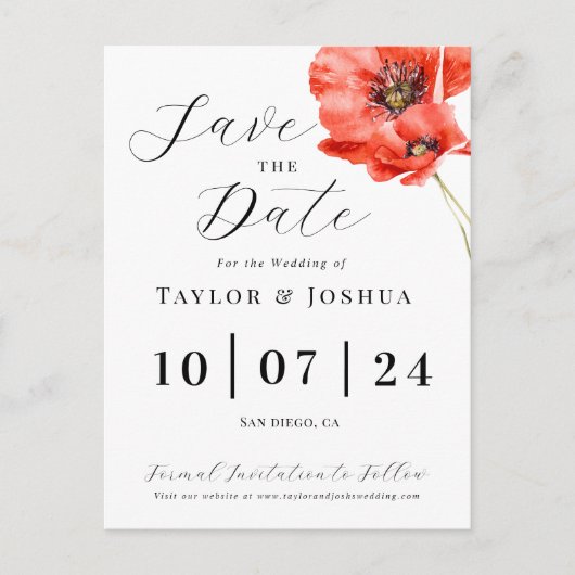 Carte Postale Mariage Red Poppy moderne Enregistrer la date Cart (Devant)
