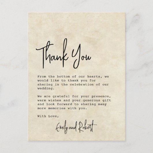Carte Postale Mariage Remerciement Photo Typographie Élégante Bu (Devant)