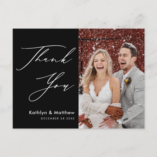 Carte Postale Mariage Remerciements Écriture Élégante Noir Blanc (Devant)