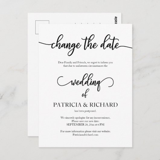 Carte Postale Mariage reporté Date Faire-part pas cher Élégant (Devant / Derrière)
