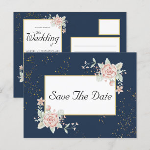 Carte Postale Mariage Rose Bleu Marine Enregistrer La Date