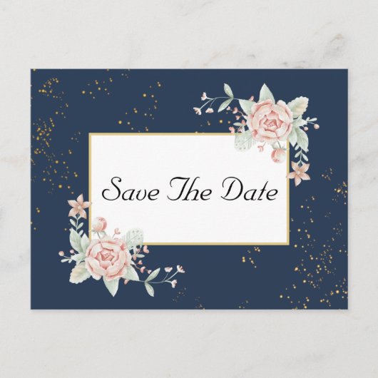 Carte Postale Mariage Rose Bleu Marine Enregistrer La Date (Devant)
