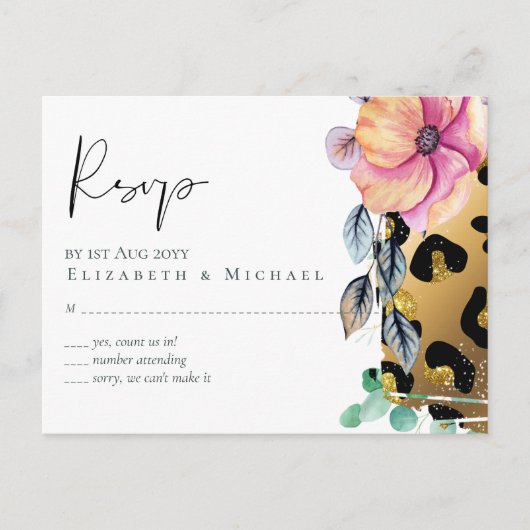 Carte Postale Mariage Rose Doré Imprimé Léopard Bling Girly Glam (Devant)