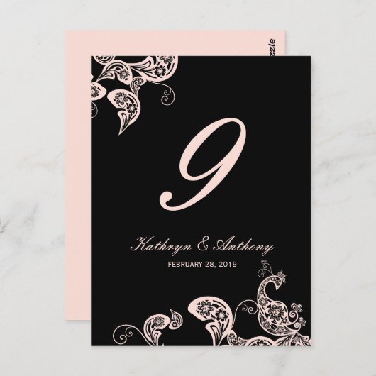Carte Postale Mariage rose Peacock Floral Paisley Numéro de tabl (Devant / Derrière)