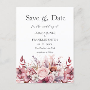 Carte Postale Mariage rose Rose Dusty moderne Enregistrer la dat