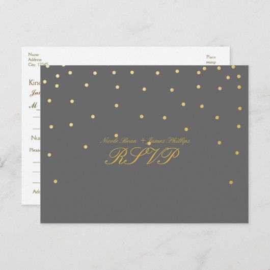 Carte postale Mariage RSVP Gray & Small Gold Confe (Devant / Derrière)