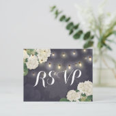 Carte Postale Mariage RSVP Hydrangea Fleurs String Lumières Bleu (Debout devant)