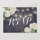 Carte Postale Mariage RSVP Hydrangea Fleurs String Lumières Bleu (Devant)