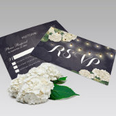 Carte Postale Mariage RSVP Hydrangea Fleurs String Lumières Bleu