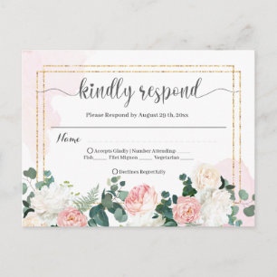 Carte Postale Mariage RSVP rétro aquarelle rose et fleurs