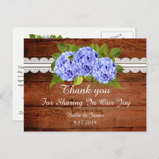 Carte postale Mariage Rustique Blue Hydrangea (Devant / Derrière)