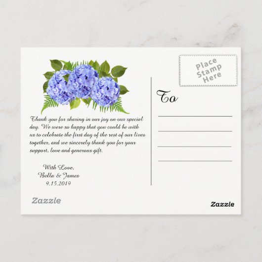 Carte postale Mariage Rustique Blue Hydrangea (Dos)