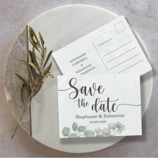Carte Postale Mariage rustique Eucalyptus vert SAVE THE DATE